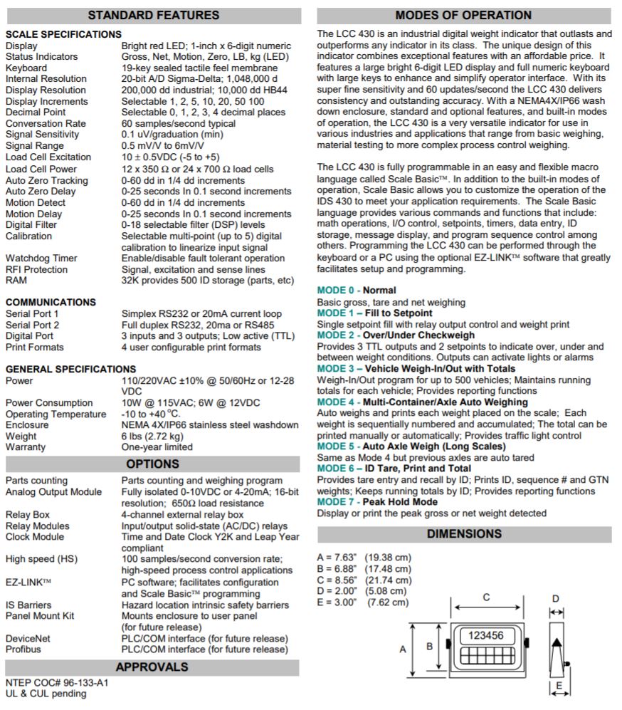 430 specification sheet